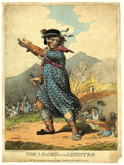Карикатура XIX века “The Leader of the Luddites”: фигура мужчины на фоне горящих фабрик и группы рабочих.